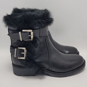 Charles David Reno Black Leather Faux Fur Buckle Side Zip Mid Ankle Boots Sz 38
